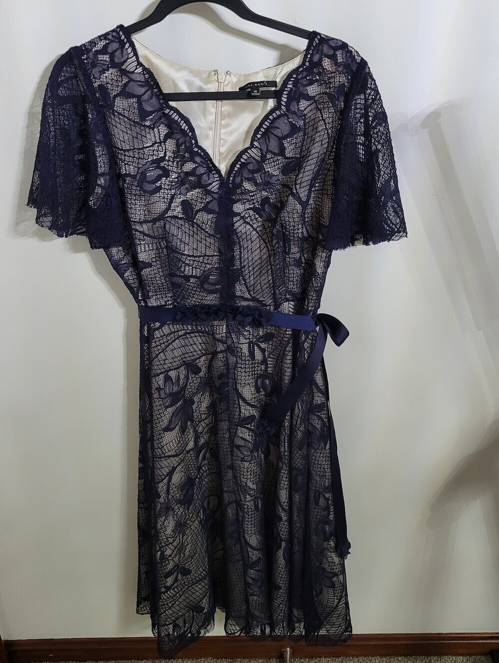 Alex Marie Navy Lace Overlay V-Neck Dress with Ribbon Tie, Size 10